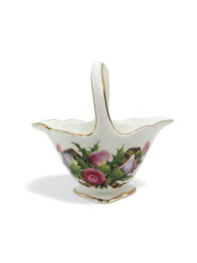 Rockingham Miniature Ceramic Basket Floral Thistle England Vintage 4"